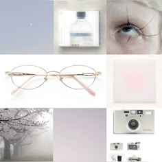 a collage of various items including an eyeglass, camera, and other things