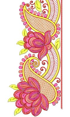 an embroidery design with pink and yellow flowers on the side of a white wallpaper