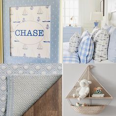 a collage of blue and white items including pillows, bedding, wall hangings