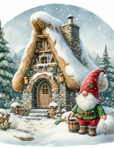 a painting of a gnome in front of a snow covered house