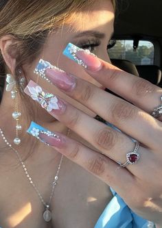 Extra Blinged Out Nails, Nail Tech Hand Poses, Boujie Nail Designs, Cute Xl Nails, Coral Blue Nails, Blue Bling Nails Rhinestones, Pink And Blue Ombre Nails, Latina Nail Designs, Pisces Nails Designs