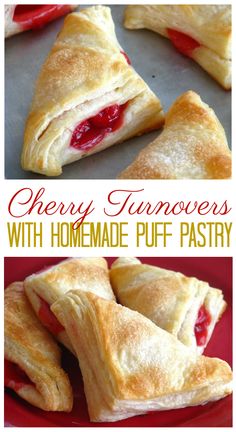 cherry turnovers with homemade puff pastry on a red plate and in the background there is a text overlay that reads cherry turnovers with homemade puff pastry