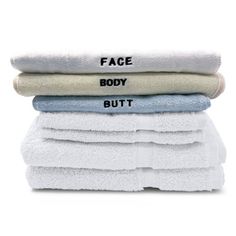 five towels stacked on top of each other with the words face, body, but