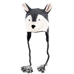 a knitted hat with a dog's face on the front and ears,