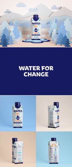 the water for change advertisement is shown in blue and white, with trees on it