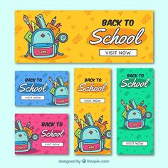 four colorful back to school banners with backpacks and pencils on the front, back to school