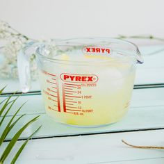 a measuring cup filled with liquid sitting on top of a wooden table next to plants