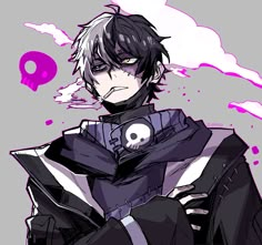 an anime character with black hair and purple eyes holding a skull in one hand, while wearing