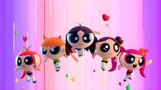 the powerpuff girls are flying through the air