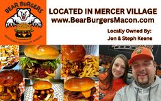 a man and woman are posing in front of some burgers with the words bear burgers on them