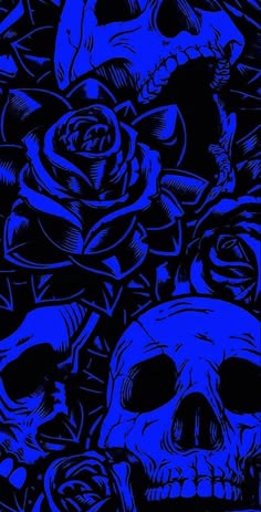 blue roses and skulls on a black background with the same color as the image in this photo