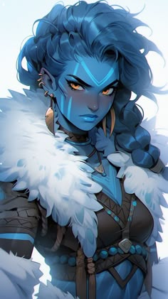 a woman with blue hair and fur on her head