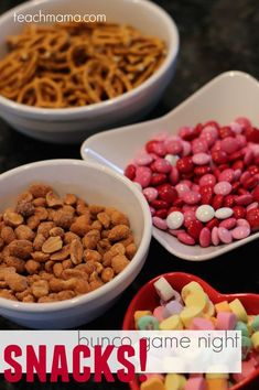 three bowls filled with different types of snacks