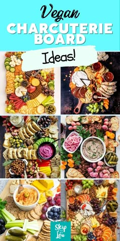 a collage of pictures with different types of food on it and the words vegan charcuterie board ideas