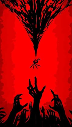 a red background with black silhouettes of hands reaching out from the ground