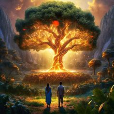 two people standing in front of a tree with the sun shining down on it's branches