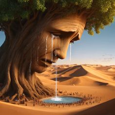 a tree with water dripping from it's trunk in the middle of a desert