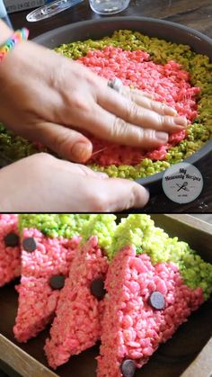 two pictures showing the process of making halloween rice krispy kreme treats in a pan