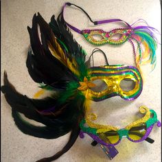 Mardi Gras Sequins Mask With Large Colorful Feathers. Having 2 Stretchy Double Straps. 1 Small Eye Mask With Feathers And Beads And Plastic Stones. Has Thick Ribbon Straps With Elastic Stretch Band. Can Be Worn By A Child Or Adult And Could Be Worn On Top Of Head For Decoration. Also One Yellow Plastic Lens Eye Glasses With An Amazing Swirl Style Of Cats Eye With Glitter. Very Durable. All Items Brand New Never Worn. Only Glasses Have Tag Attached. Smoke Free Home. Multiple Ways To Celebrate!! Mask With Feathers, Sequin Mask, Lenses Eye, Gnomes Crafts, Stretch Band, Colorful Feathers, Cats Eye, Stretch Bands, Eye Glasses