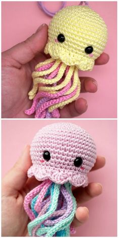 crocheted octopus toy is being held up by someone's hand and it looks like they have been made out of yarn