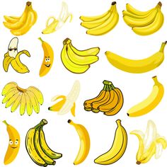 a bunch of yellow bananas with faces drawn on them, all in different shapes and sizes