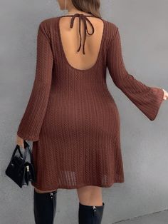 Plus Size Women's Elegant Sexy Vacation Beach Fashion Party Music Festival Backless Sheer Tie Flare Sleeve Mini Jacquard Textured Knit A-Line Dress Brown Casual  Long Sleeve Knitted Fabric Plain Tee Medium Stretch  Women Plus Clothing, size features are:Bust: ,Length: ,Sleeve Length: Strand Party, Maxi Bodycon Dress, Party Music, Beach Fashion, Plain Tees, Vacation Beach, Boho Women, Inspiration Mode, Textured Knit