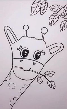 a drawing of a giraffe with leaves on it's head and eyes