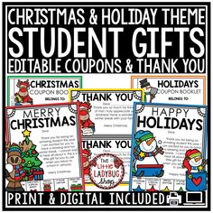 christmas and holiday themed student gifts that include coupons and thank you notes for students