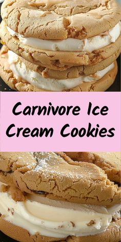 two pictures with the words carnivor ice cream cookies on them and an image of cookie sandwiches