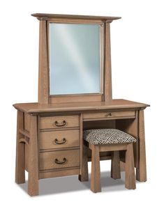 a wooden dressing table with stool and mirror