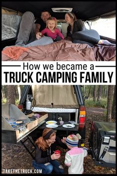 truck camping family of three Diy Truck Bed Camper, Family Truck, Truck Bed Camping, Camping Family, Truck Bed Camper, Camper Shells, Camping Organization, Family Of 3, Truck Camping