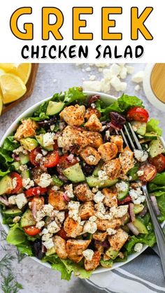 this greek chicken salad is loaded with fresh vegetables and feta cheese