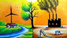 the painting shows an image of a house and windmills with trees in the background