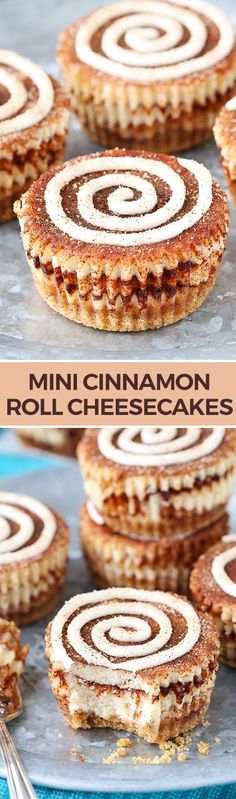 mini cinnamon roll cheesecakes on a baking sheet with text overlay that reads mini cinnamon roll cheesecakes