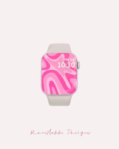 a pink and white apple watch with the words, i love you on it's face