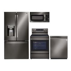 an image of kitchen appliance set including refrigerator, stove, microwave and dishwasher