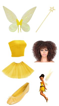 several different types of costumes and hair on display in front of a white background with text