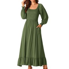 Made from 100% Rayon, this soft and lightweight fabric ensures a relaxed and comfortable feel. The dress features a scoop neck, long sleeves, smocked elastic waist, pockets, and a tiered maxi flowy design. This dress flatters any body shape, making it a timeless addition to any wardrobe. Its classic design and effortless style make it an essential piece for any fashionista. Perfect for casual outings, work, beach trips, dates, parties, honeymoons, holidays, family gatherings, photoshoots and fal Fall Long Dress, Long Fall Dresses, Ribbed Bodycon Midi Dress, Midi Dress Fall, Dresses With Pockets, Sheer Maxi Dress, Flowy Design, Beach Trips, Midi Slip Dress