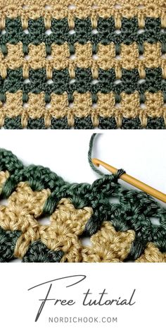 the crochet pattern is being worked on with two knitting needles, and another photo shows