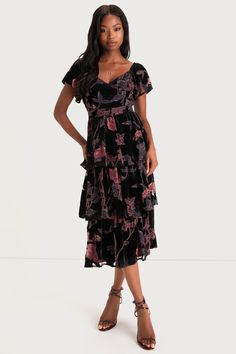 Oh-So Lovely Black Floral Burnout Velvet Tiered Midi Dress October Wedding Guest Dress, Winter Wedding Outfits, Burnout Velvet Dress, Burnout Velvet, Dresses Casual Fall, Darling Dress, Tiered Midi Dress, Online Dress Shopping, Tiered Skirt