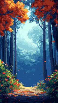 an image of a forest scene with trees and leaves