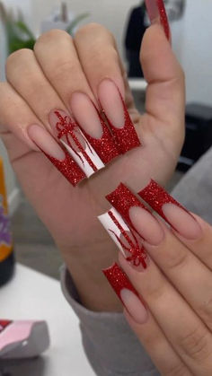 Christmas Nail Designs Acrylic, Red Nails Glitter, Red Christmas Nails, Acrylic Nails Coffin Pink, Long Square Acrylic Nails