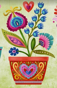 a painting of flowers in a pot with hearts