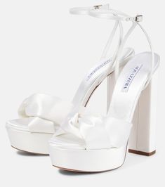 Aquazzura - Olie 140 satin platform sandals | Mytheresa Silk Heels, Silk Shoes, Sandals High Heels, Heels White, White Silk, Sky High, Wedding Guest Outfit, Summer Party, Date Night Outfit