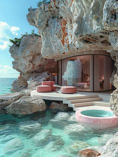 a house built into the side of a cliff by the ocean with a pool in front