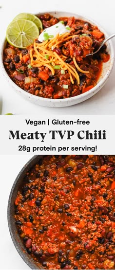 two pictures showing different types of food in the same pan and one with meaty tvp chili