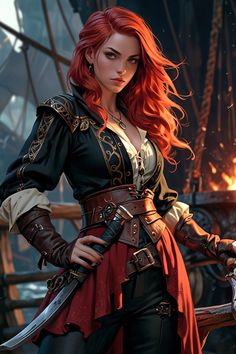 Red Head Pirate, Red Head Character Design, Female Pirate Art, D D Classes, Pirate Art, Roleplay Characters, Female Character Concept, Star Wars Rpg, Pirate Woman