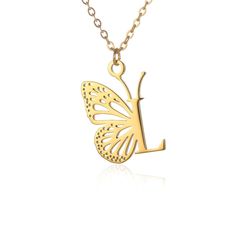 a gold butterfly necklace with the letter l on it's back and side view