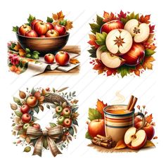 four different images of apples and autumn leaves with coffee, cinnamon, apple cider