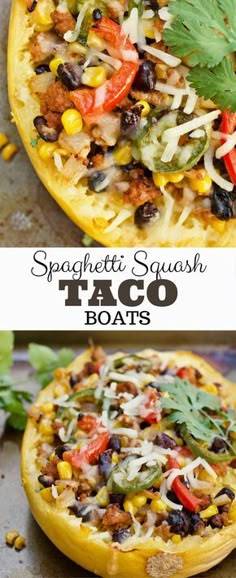 spaghetti squash taco boats with black beans, corn and cilantro on top